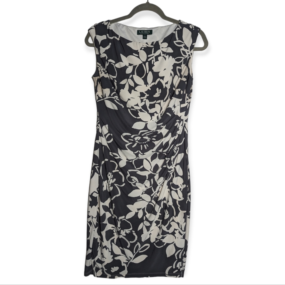 Lauren Ralph Lauren Women Sheath Dress Size 8 Gray Floral Print Ruched B…
